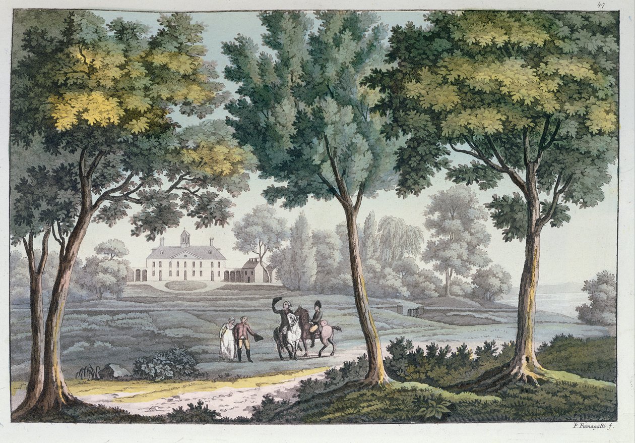 माउंट वर्नोन, वर्जीनिया, जॉर्ज वाशिंगटन का घर, c.1820 (रंग उत्कीर्णन) द्वारा पाओलो फुमगल्ली