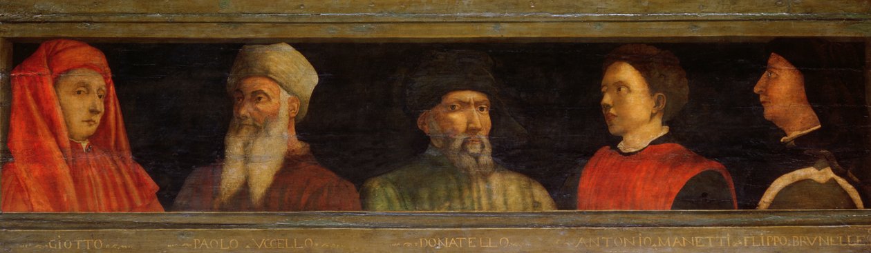 गोट्टो के चित्र (c.1266-1337) Uccello, Donatello (c.1386-1466) Manetti (c.1405-60) और Brunelleschi (1377-1446) (पैनल पर तड़का) द्वारा पाओलो उकेलो