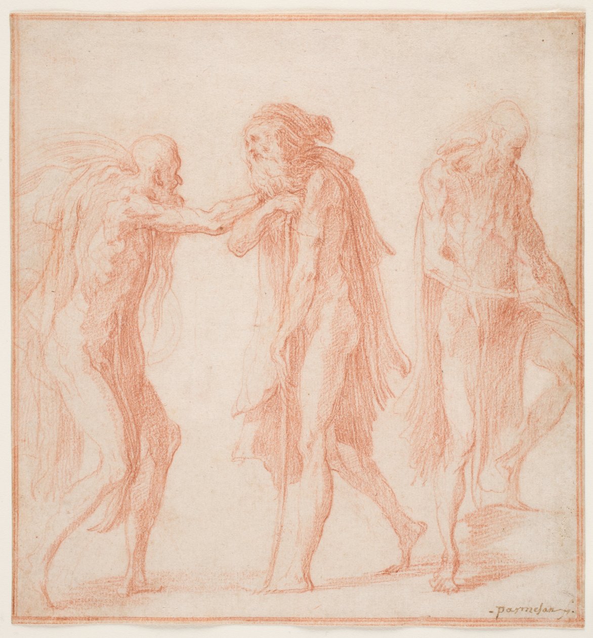 तीन बूढ़े आदमी, c.1535 (कागज पर लाल चाक) द्वारा Parmigianino