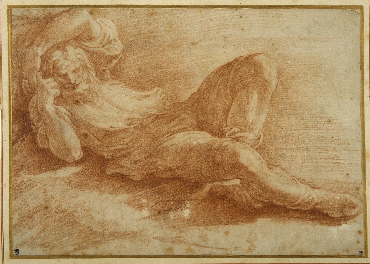 दाढ़ी वाली आकृति, सो रही है (सफेद कागज पर लाल चाक) द्वारा Parmigianino