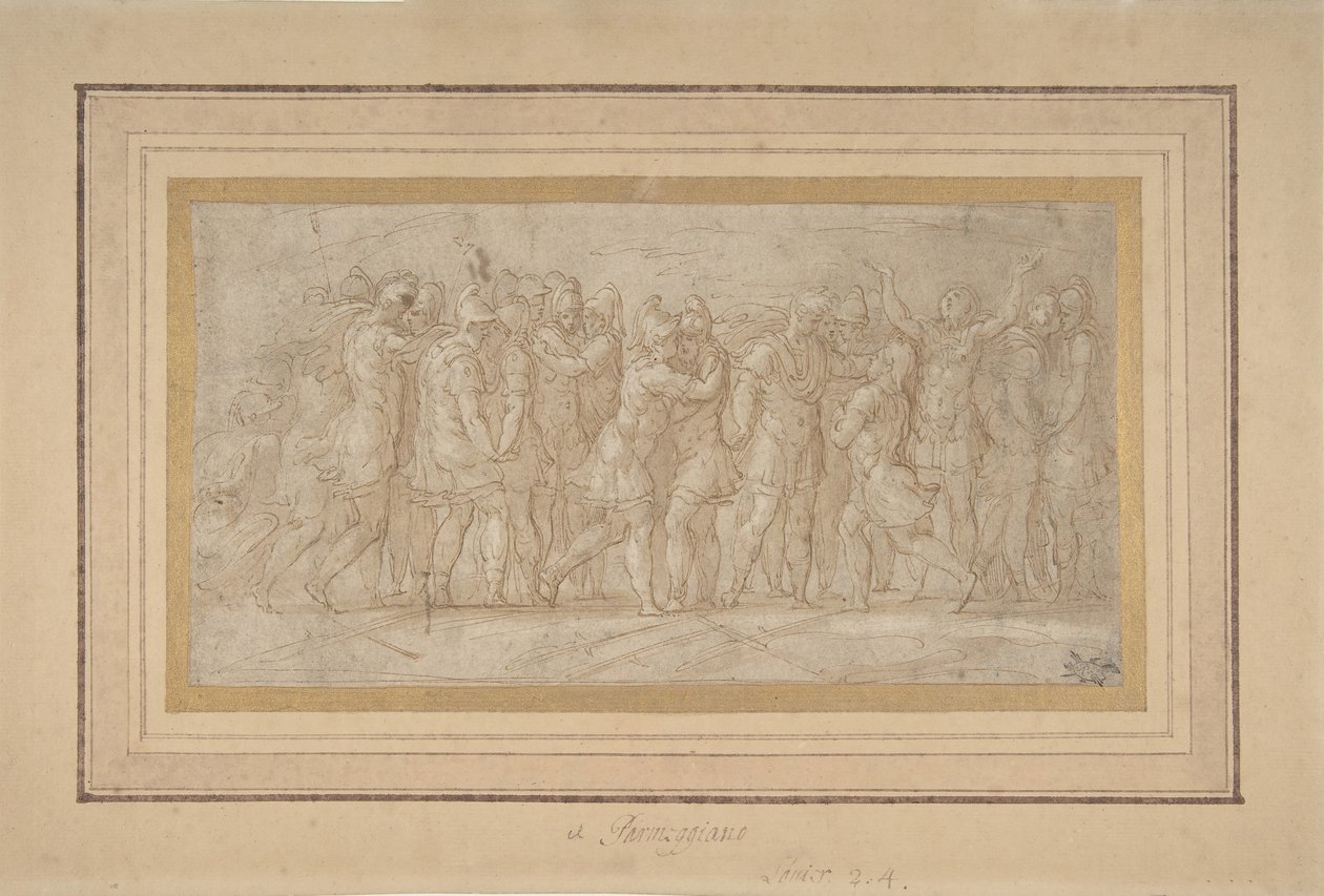 जीत के बाद जश्न मनाते रोमन या यूनानी योद्धा, 1503-40। द्वारा Parmigianino