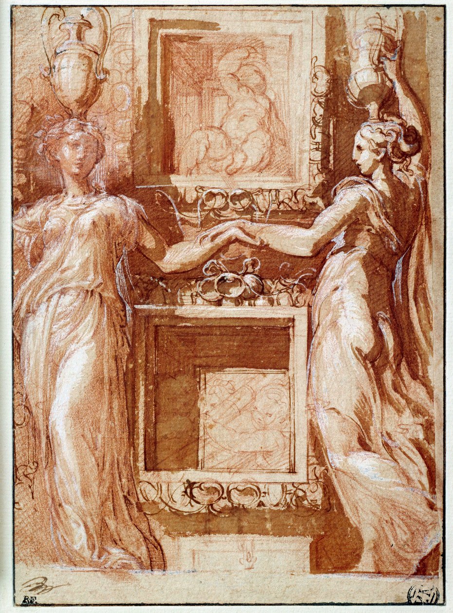 Girolamo फ्रांसेस्को मारिया Mazzola dit Parmigianino या Le Parmesan द्वारा स्याही, धोने, रक्त और सफेद फ्लैप में आरेखण के दोनों किनारों पर अपना हाथ देने वाले दो कैनफ़ोर द्वारा Parmigianino