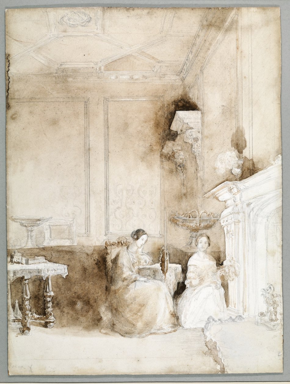 एम्बलि में ड्राइंग रूम में फ्लोरेंस नाइटिंगेल और मैरिएन निकोल्सन, c.1830 (पेंसिल अन्डर वॉश) द्वारा पार्थेनोप नाइटिंगेल