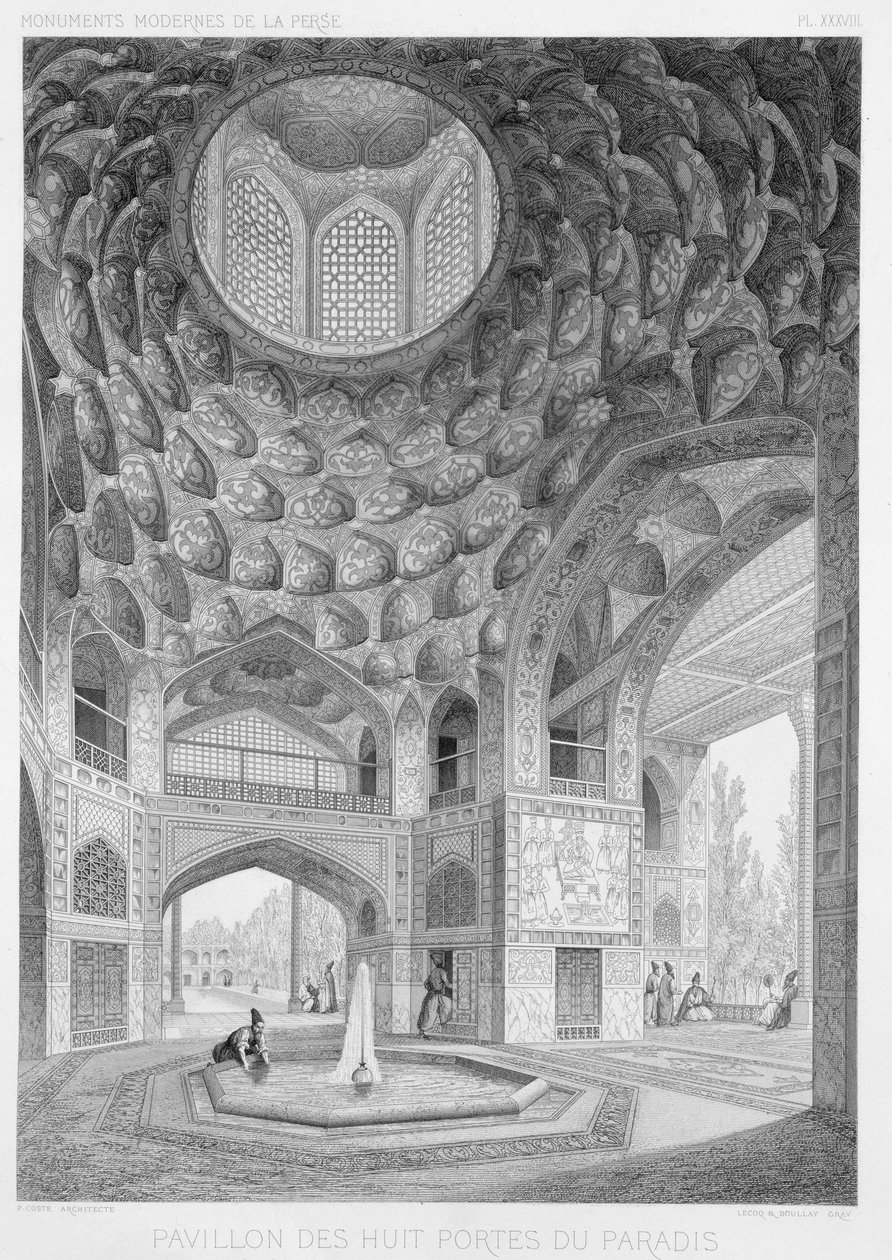 इस्फ़हान में, इस्फ़हान में, फ़ारस के &39;वॉयज पिट्सकॉर्से&39; से, पैरेसियन का मंडप, होरेस लेकोक (1802-97) और बोले द्वारा उकेरा गया, जो लेमरसीर, पेरिस, 1856 द्वारा प्रकाशित द्वारा पास्कल जेवियर कॉस्टे
