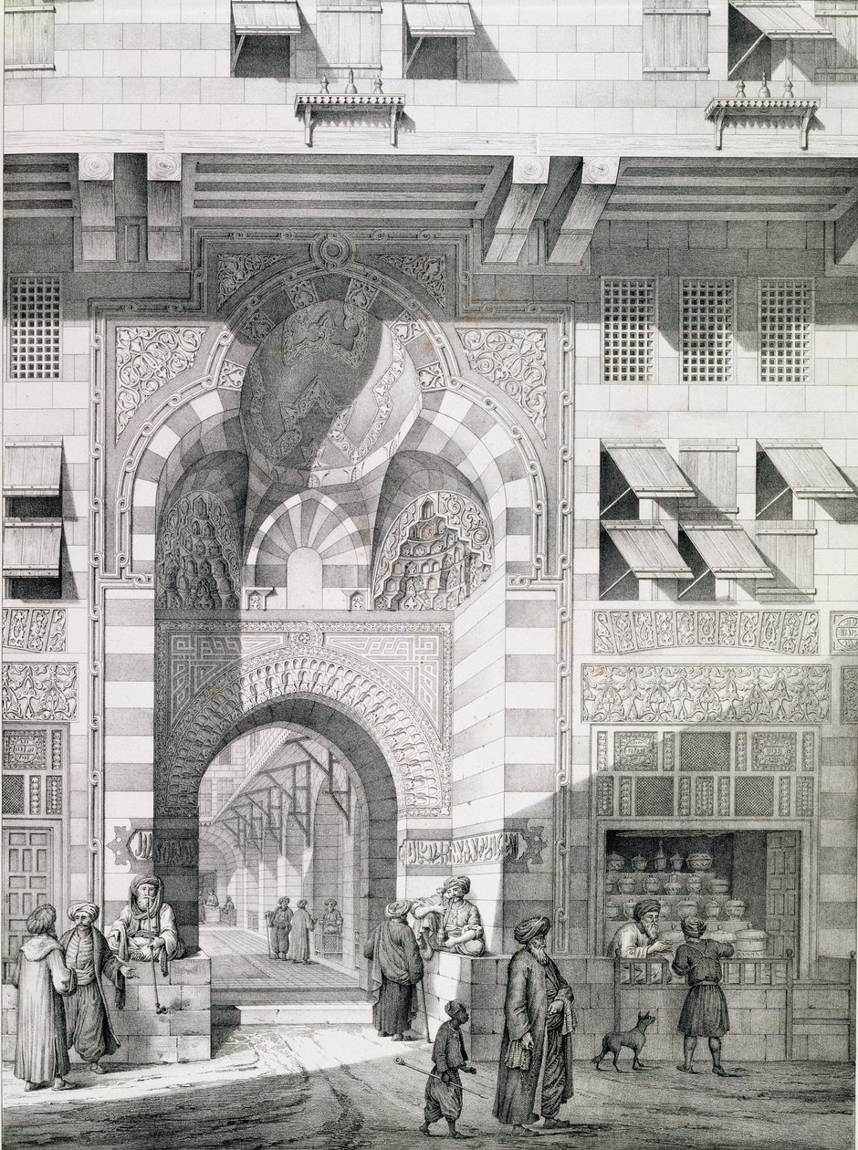 लेट्रोन, पेरिस, 1829 द्वारा प्रकाशित एमिल एडमंड ओलिवियर (1800-64) द्वारा उत्कीर्ण, &39;स्मारकों और काहिरा के भवनों&39; से ओकल कैद-बे के दरवाजे का दृश्य द्वारा पास्कल जेवियर कॉस्टे