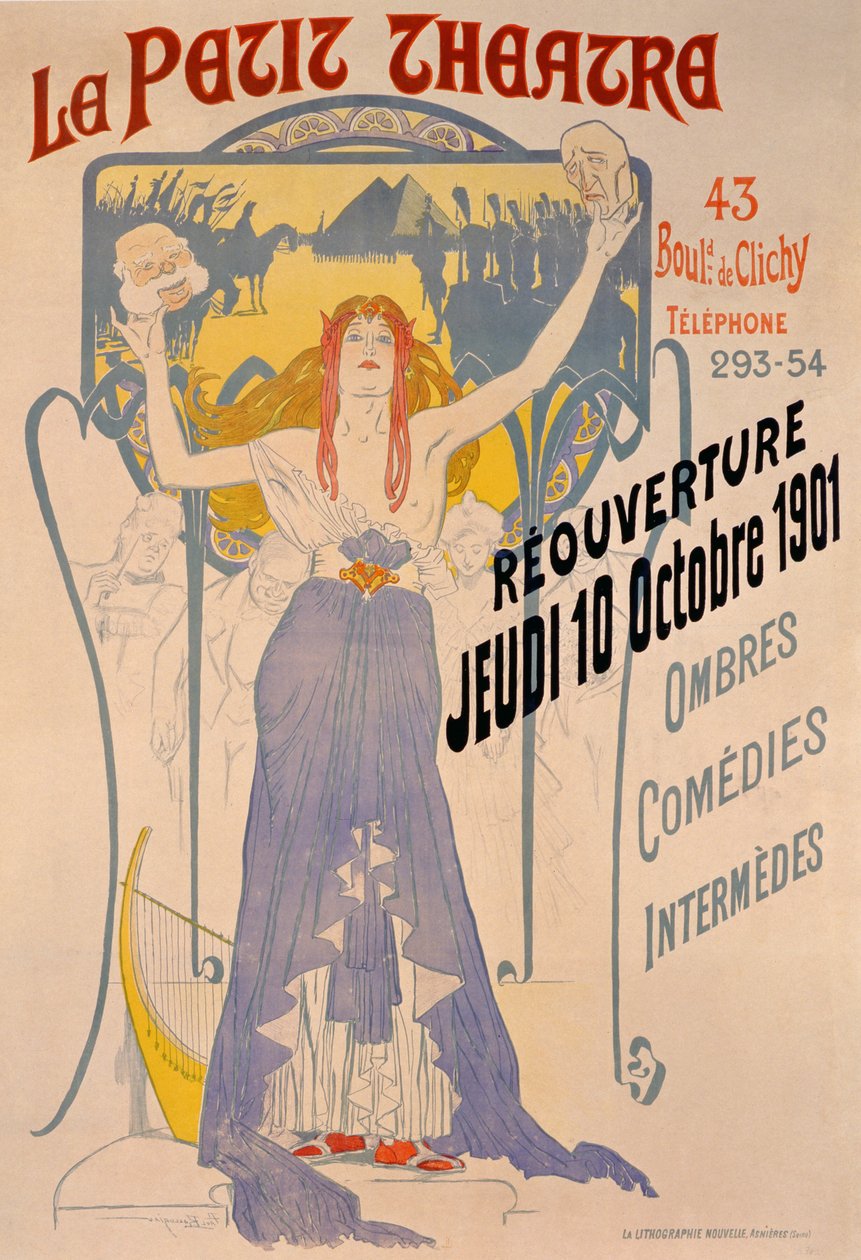 पोस्टर का विज्ञापन 10 अक्टूबर को Le Petit Theatre, Boulevard Clichy, Paris, 1901 में फिर से खोला गया द्वारा पॉल बल्लुरियाउ