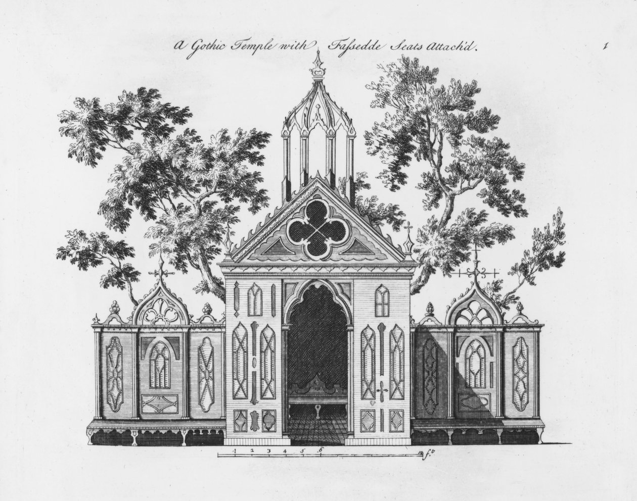 एक गोथिक मंदिर, &39;गोथिक वास्तुकला से सजाया गया, जिसमें मंदिरों का एक बड़ा संग्रह, भोज, गर्मी और हरित गृह शामिल हैं&39;, 1759 में प्रकाशित द्वारा पॉल डेकर