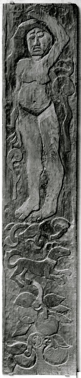 हिवा ओए (मारीकास द्वीप), 1902 (सीकोइया) पर अटुआना में गागुइंस के अंतिम फ्रेम के दरवाजे के फ्रेम से नक्काशीदार ऊर्ध्वाधर पैनल द्वारा पॉल गाउगिन