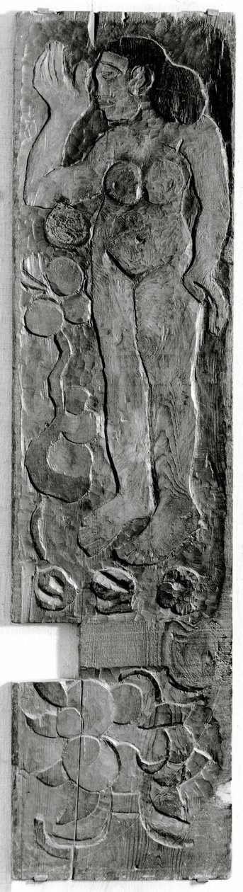 हिवा ओए (मारीकास द्वीप), 1902 (सीकोइया) पर अटुआना में गागुइंस के अंतिम फ्रेम के दरवाजे के फ्रेम से नक्काशीदार ऊर्ध्वाधर पैनल द्वारा पॉल गाउगिन