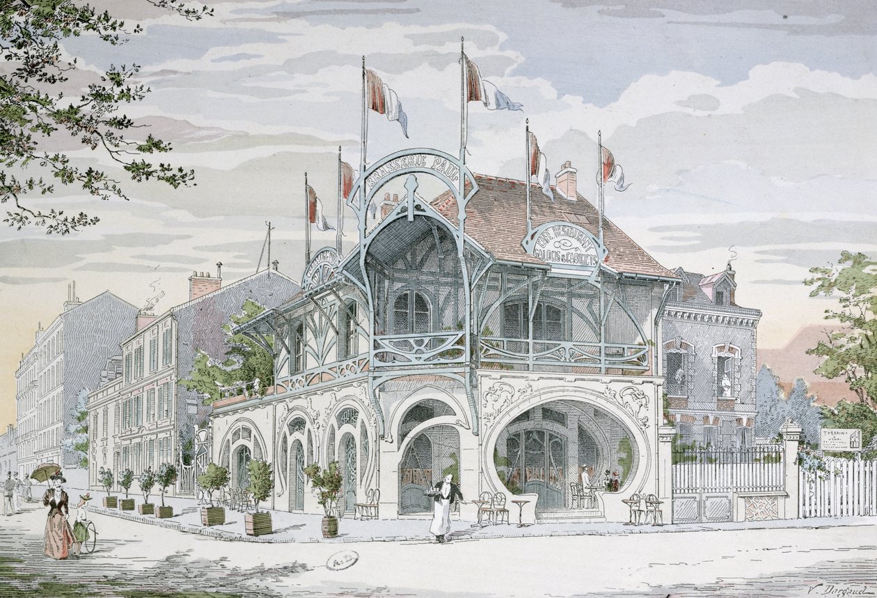 पेरिस के पास सेंट मौरिस में जी। गयोन द्वारा आर्ट नोव्यू शैली में कैफे, &39;एल&39;आर्किटेक्चर उसेले&39; से चित्रण, ई। रिओवेन (रंग उत्कीर्णन) द्वारा उत्कीर्ण द्वारा पॉल जोसेफ विक्टर दरगौड