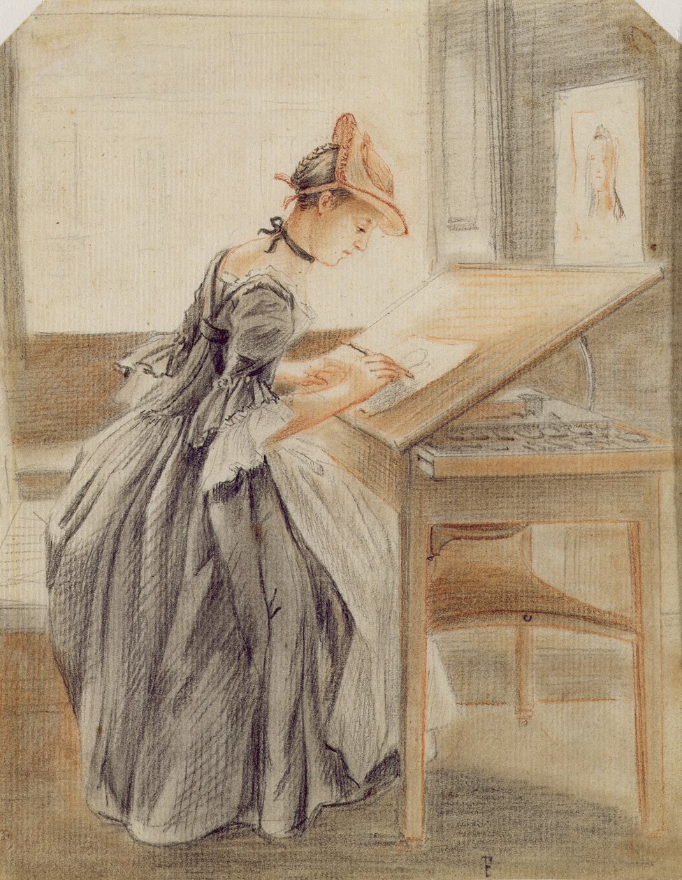 एक महिला ड्राइंग टेबल पर नकल, c.1760-70 (ग्रेफाइट, लाल और काले चाक और कागज पर स्टंप) द्वारा पॉल सैंडबी
