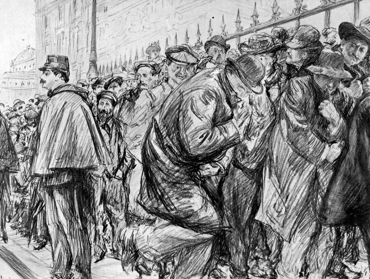 1909 में पेरिस, फ्रांस के मार्गुराइट स्टीनहिल के परीक्षण के दौरान पालिस डी जस्टिस के बाहर कतार द्वारा पॉल चार्ल्स रेनौर्ड