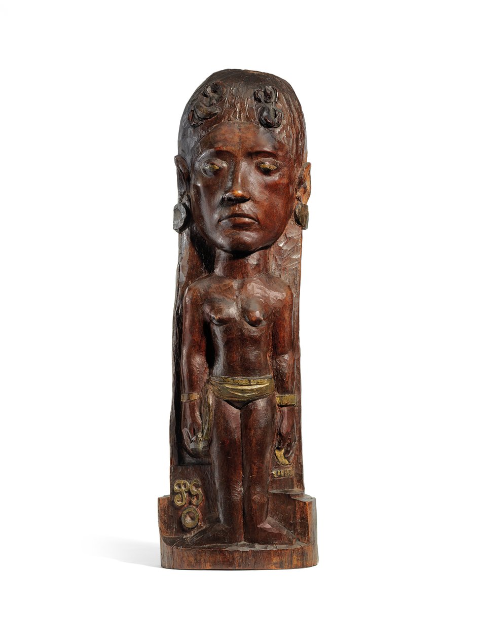थेरेस, c.1902-3 (नक्काशीदार मिरो लकड़ी, सोने का पानी चढ़ाने और तांबे की कीलें) (2835560-2 भी देखें) द्वारा पॉल गाउगिन