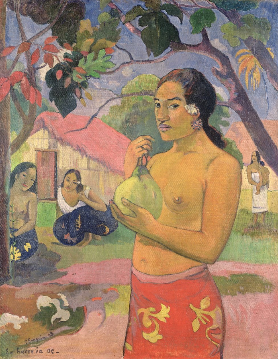 एक फल पकड़े हुए महिला; आप कहां जा रहे हैं (ईयू हरे इया ओ), 1893 (कैनवास पर तेल) द्वारा पॉल गाउगिन