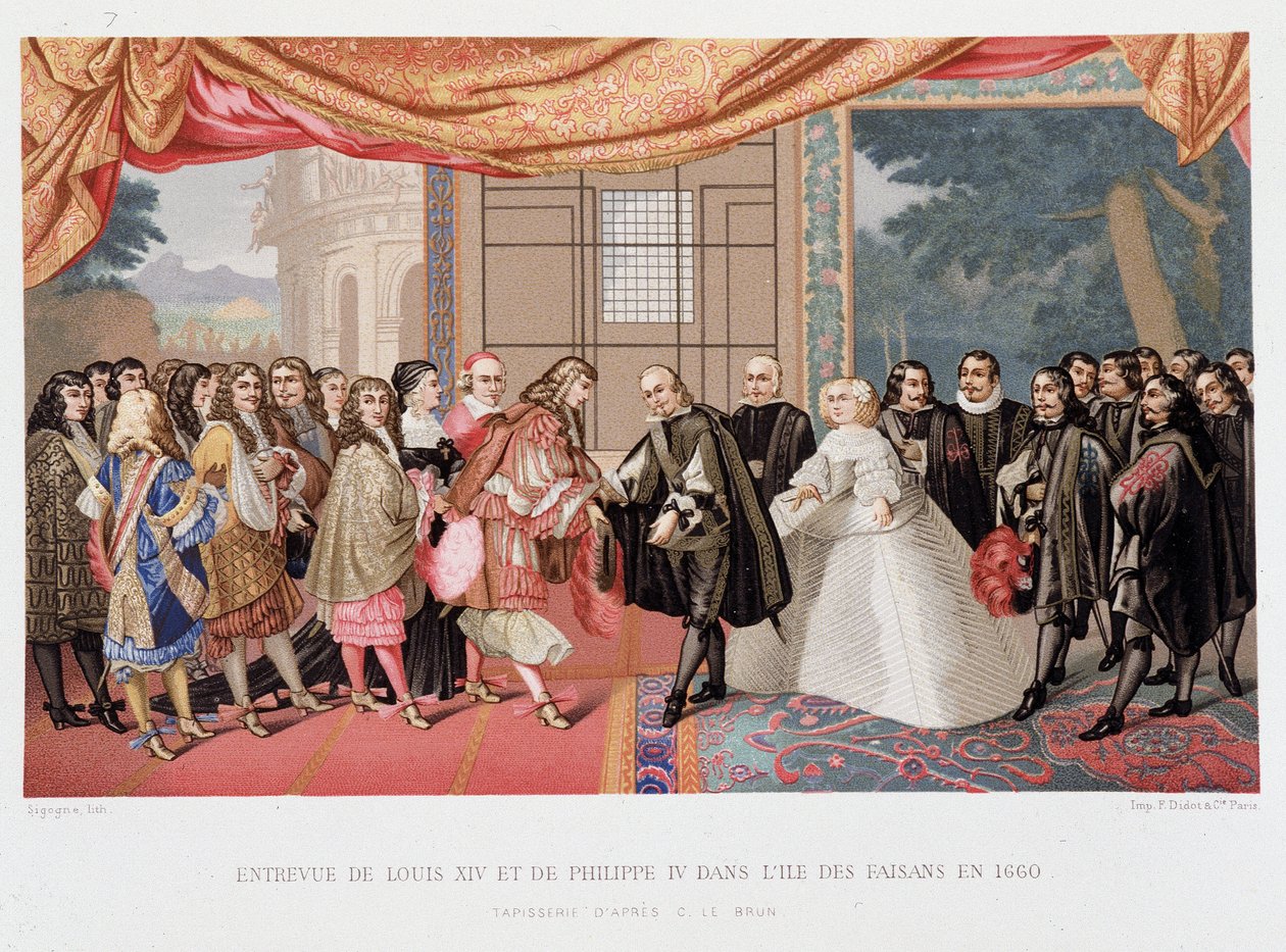 तीस साल का युद्ध: "" फ्रांस के राजा लुई XIV (1638-1715) और स्पेन के फिलिप IV (1605-1665) का साक्षात्कार 7/11/1659 को पैसन द्वीप पर"" स्पेन संधि पर हस्ताक्षर करने के लिए सहमत है। पाइरेनीज़। फिलिप चतुर्थ की बेटी, मैरी थेरेसी (मैरी-थेरेसी) द्वारा पॉल लैक्रोइक्स