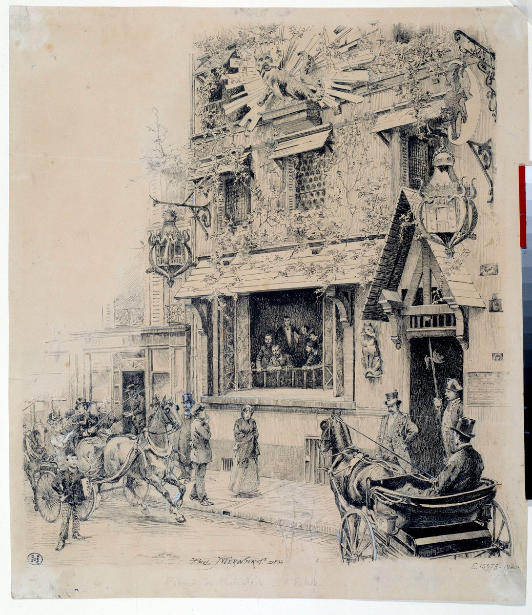 कैबरे डू चैट नोयर के प्रवेश द्वार का दृश्य। पॉल मेरवार्ट (1855-1902) द्वारा 19वीं सदी के पेरिस, मुसी कार्नावाले द्वारा स्याही चित्र द्वारा पॉल मेरवार्ट