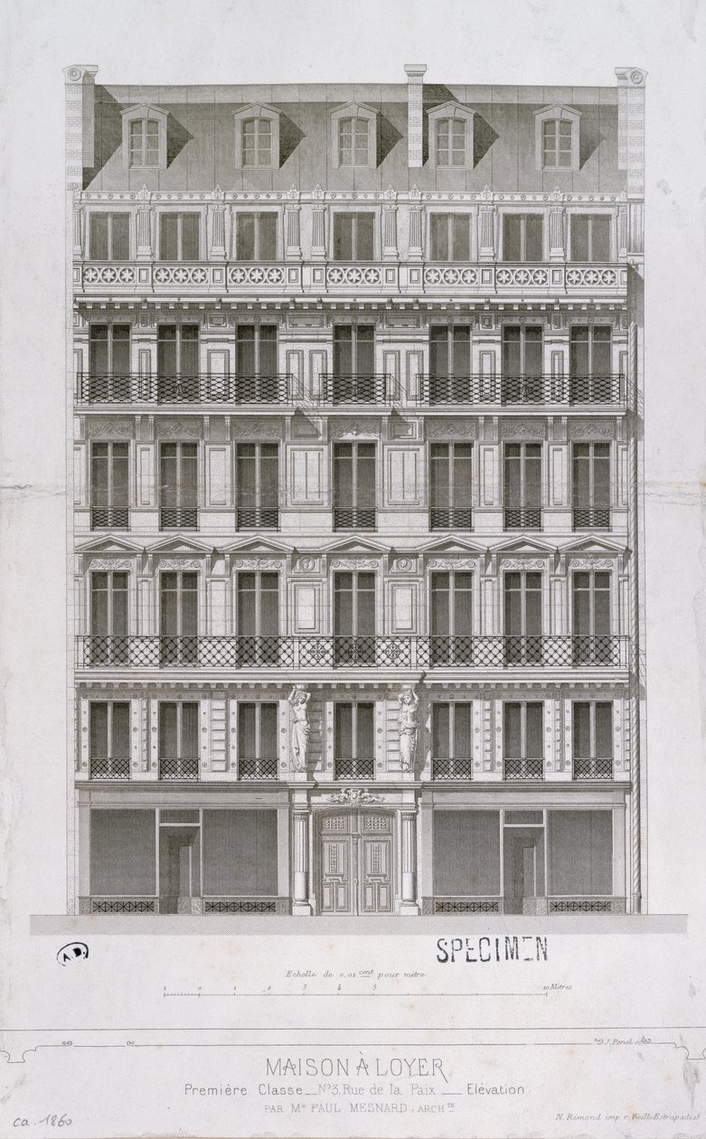 पेरिस में c.1860 rue de la Paix में हौसमैन शैली के फ्लैट्स के ब्लॉक के लिए डिज़ाइन द्वारा पॉल मेसनार्ड