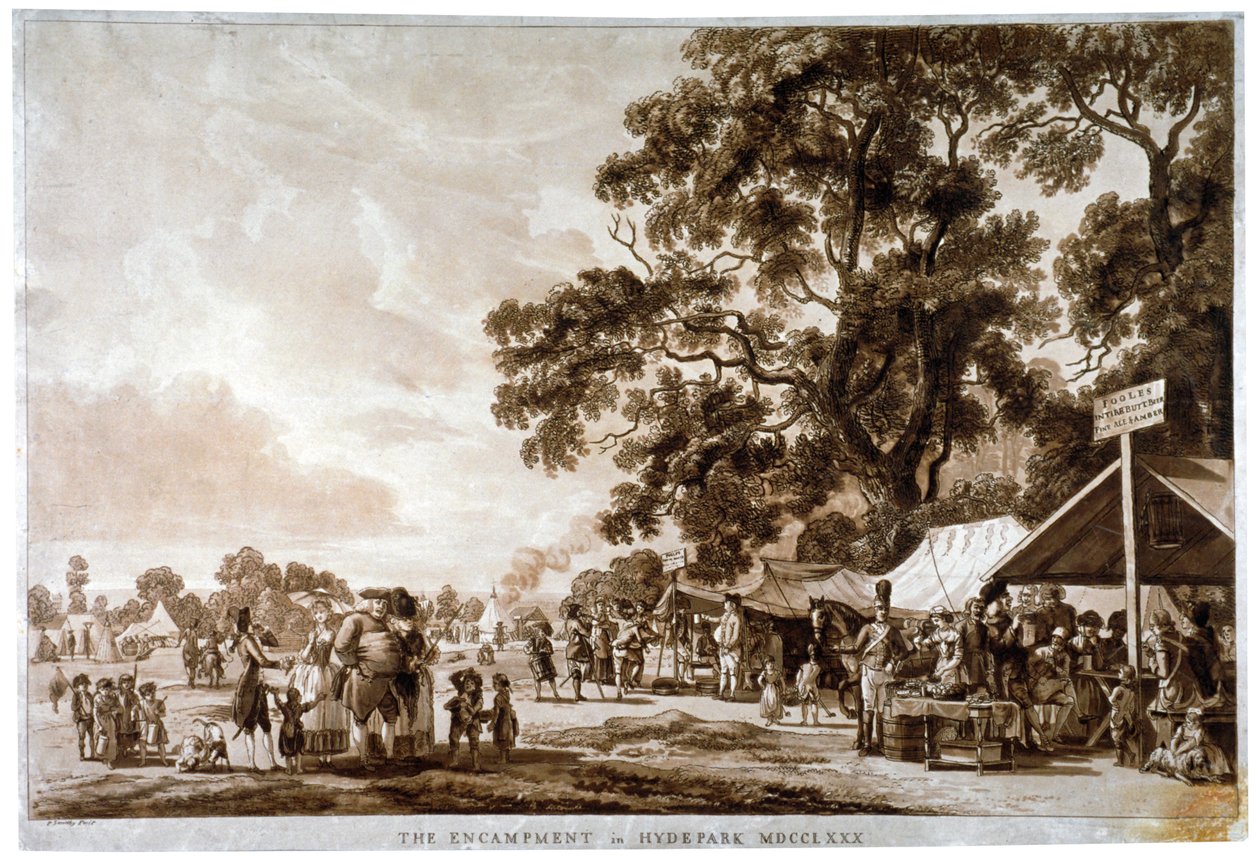 हाइड पार्क, लंदन में सेना शिविर, 1780। द्वारा पॉल सैंडबी