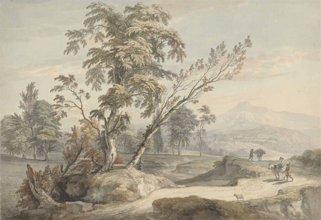 यात्रियों के साथ इतालवी लैंडस्केप नंबर 2, c.1760 (वाटर कलर, ग्रेफाइट पर पेन और ग्रे स्याही) द्वारा पॉल सैंडबी