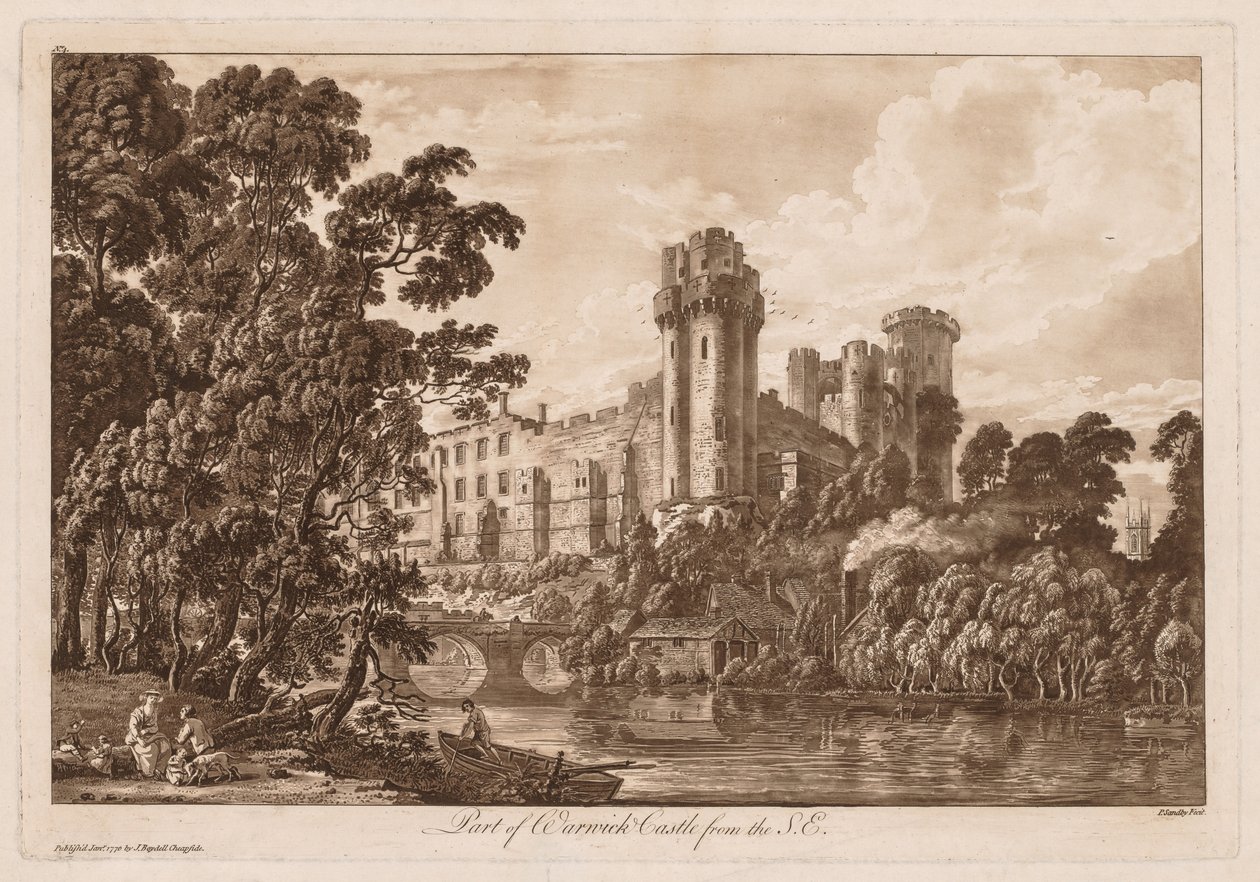 वार्विक कैसल का दृश्य: दक्षिण पूर्व से वारविक कैसल का हिस्सा, 1776। द्वारा पॉल सैंडबी