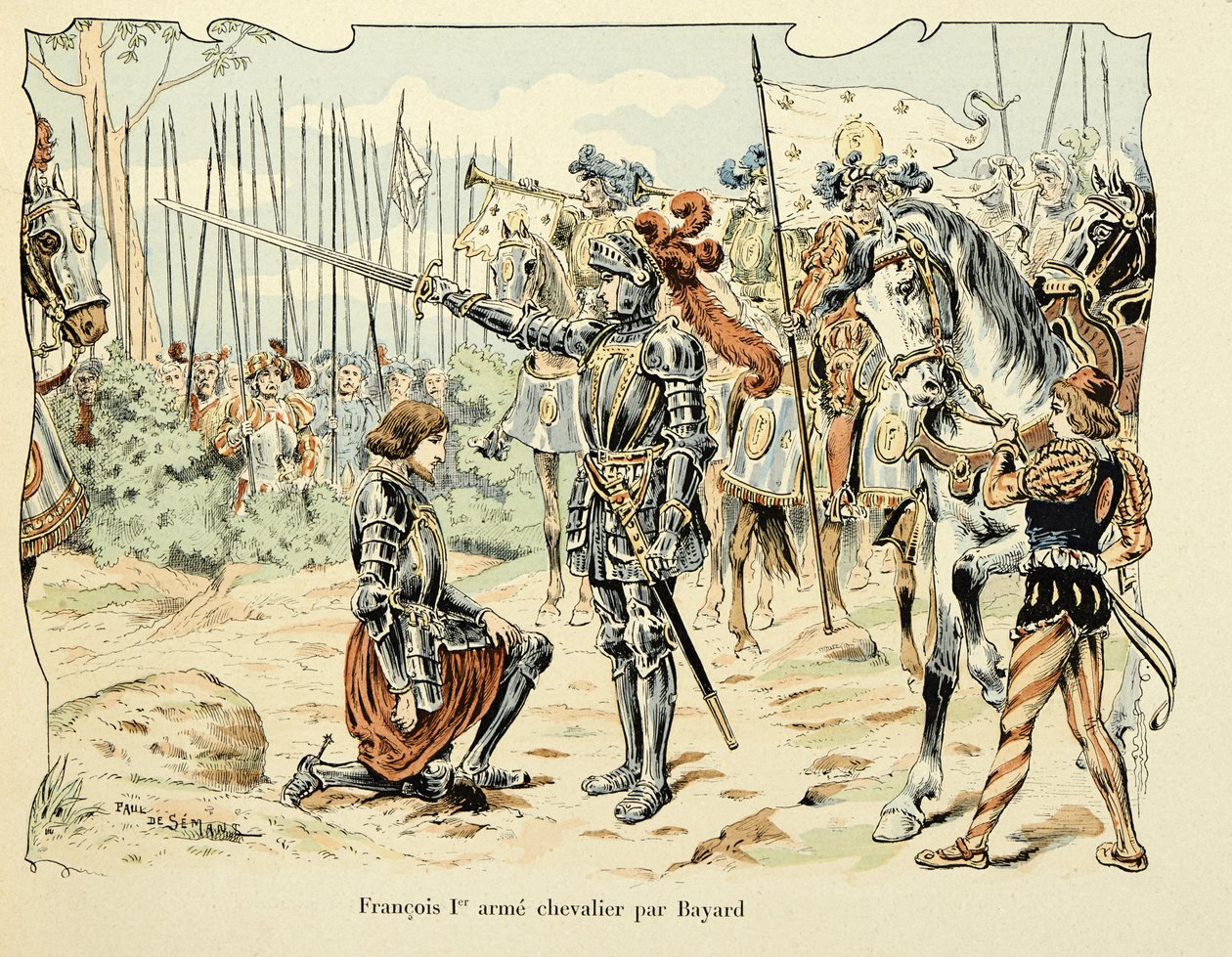 पॉल डी सेमेंट (1855-1915) द्वारा सचित्र थियोडोर काहू द्वारा "हिस्टोइरे डू शेवेलियर बायर्ड" पुस्तक से लिया गया चित्रण: फ्रेंकोइस 1, एर आर्म शेवेलियर पार बायर्ड 1515 द्वारा पॉल डे सीमांत