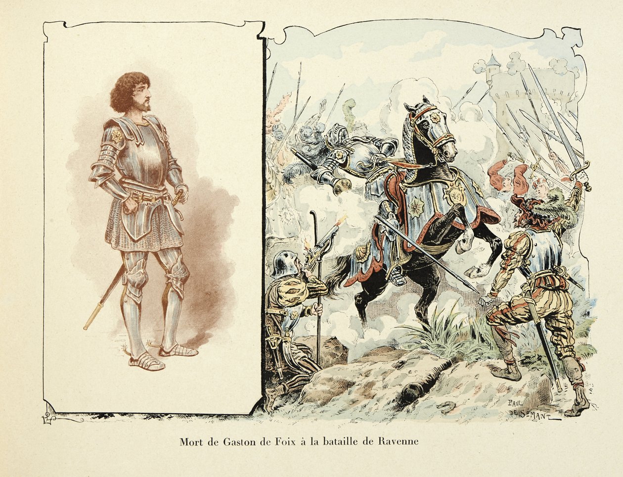 पॉल डी सेमेंट (1855-1915) द्वारा सचित्र थियोडोर काहू द्वारा "हिस्टोइरे डू शेवेलियर बायर्ड" पुस्तक से लिया गया चित्रण: रेवेना की लड़ाई में गैस्टन डी फॉक्स की मृत्यु (1489-1512) द्वारा पॉल डे सीमांत