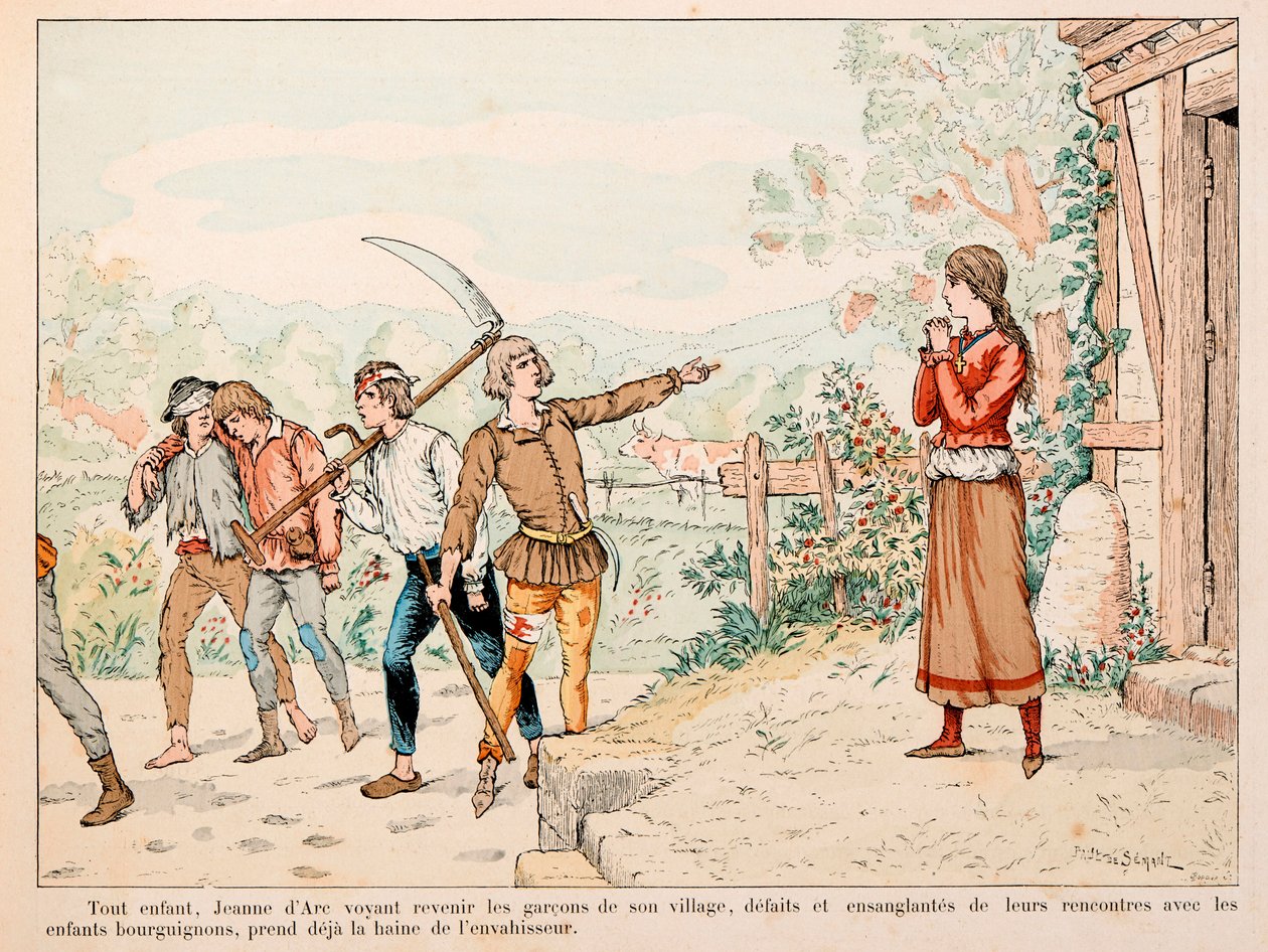 थिओडोर काहू द्वारा "" जीन डी आर्क "" पुस्तक से लिया गया चित्रण और पॉल डी सेमेंट (1855-1915) द्वारा सचित्र: जीन बच्चा अपने गांव के बच्चों को बरगंडियन के साथ मुठभेड़ों के माध्यम से खूनी देखकर आक्रमणकारी से नफरत करता है द्वारा पॉल डे सीमांत