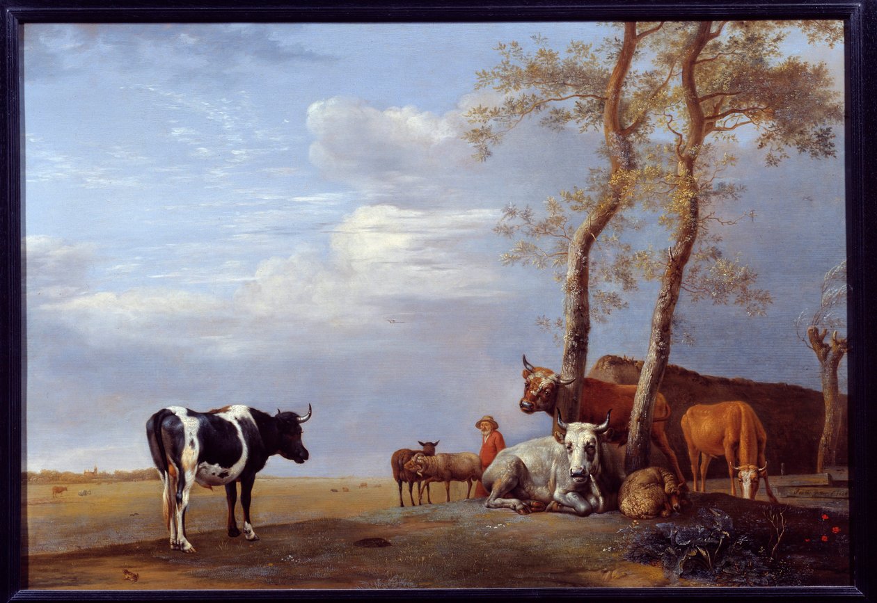 किसान और जानवरों के साथ लैंडस्केप। पॉल पॉटर द्वारा पेंटिंग (1625-1654) ई.सी. होल। द्वारा पॉल पॉटर