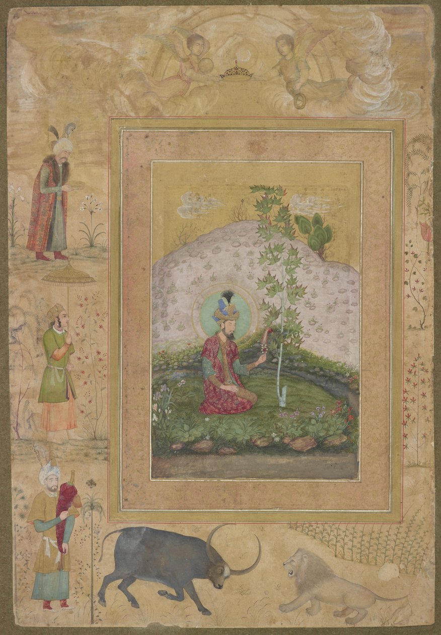 स्वर्गीय शाहजहाँ एल्बम के एक लैंडस्केप में बैठे हुमायूँ ने एल्बम फोलियो को अलग कर दिया, c.1650 द्वारा Payag