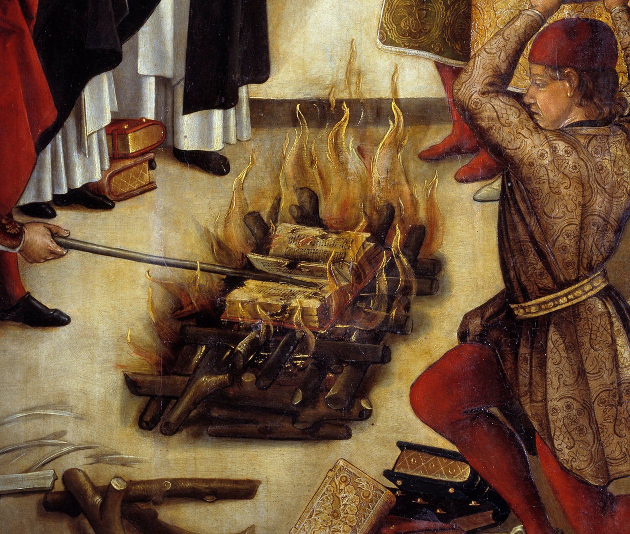 "" सेंट डोमिनिक एट लेस अल्बिजोइस "" (ले मिरेकल डेस फैनजेओक्स) का विवरण: संत अल्बिजियो को अपने विधर्म का खंडन करने वाली पुस्तक देता है और अल्बिजियो इसे सफलता के बिना जलाने की कोशिश करता है। पेड्रो बेरुगुएटे (1450-1504) द्वारा पेंटिंग। १६ द्वारा पेड्रो बेरुगुएते