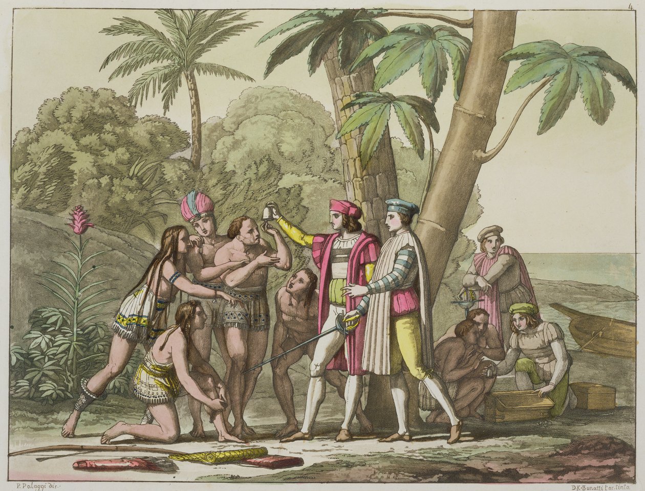 क्रिस्टोफर कोलंबस (1451-1506), मूल अमेरिकियों के साथ, &39;ले कॉस्ट्यूम एंसन एट मॉडर्न&39;, वॉल्यूम I, प्लेट 4, जूल्स फेरारियो द्वारा, डीके बोनाटी द्वारा उत्कीर्ण, c.1820s-30 बैंक (एक्वाटिंट) प्रकाशित द्वारा पेलागियो पलागी