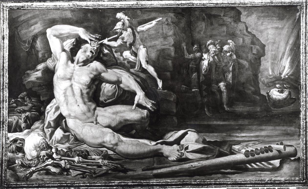 Ulysses Blinds Polyphemus द साइक्लोप्स, फ्रिज़े Quests of Ulysses के दृश्यों का प्रतिनिधित्व करते हैं द्वारा पेलेग्रीनो टिबाल्दी