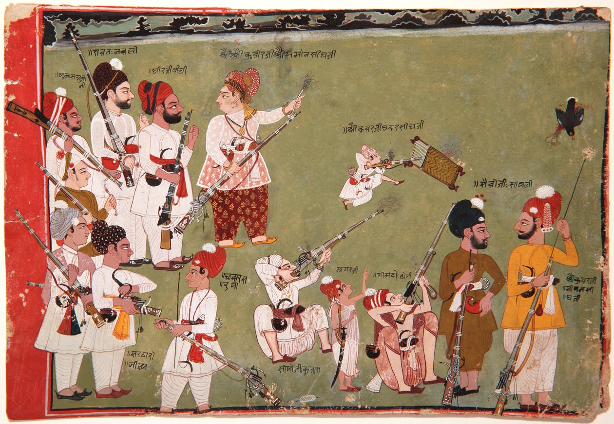 अदार सिंह और समन सिंह शूटिंग बर्ड्स, c.1790 (कागज पर अपारदर्शी wc और सोना) द्वारा Pemji