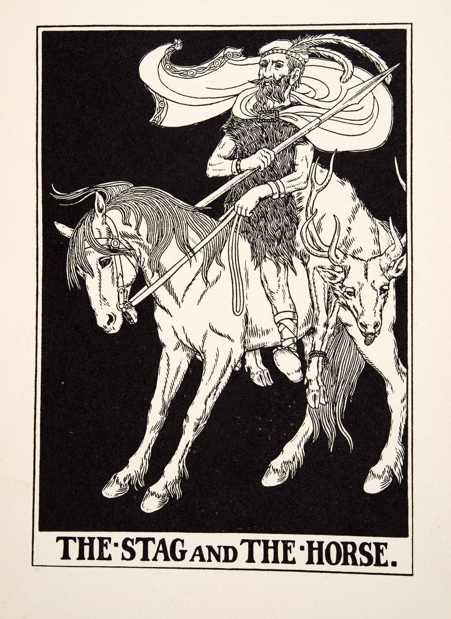 द स्टैग एंड द हॉर्स, ए हंड्रेड फेबल्स ऑफ ईसप से, pub.1903 (उत्कीर्णन) द्वारा पर्सी जे बिलिंग्सहर्स्ट