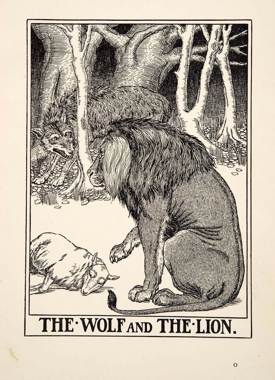 द वुल्फ एंड द लायन, ए हंड्रेड फेबल्स ऑफ ईसप से, pub.1903 (उत्कीर्णन) द्वारा पर्सी जे बिलिंग्सहर्स्ट
