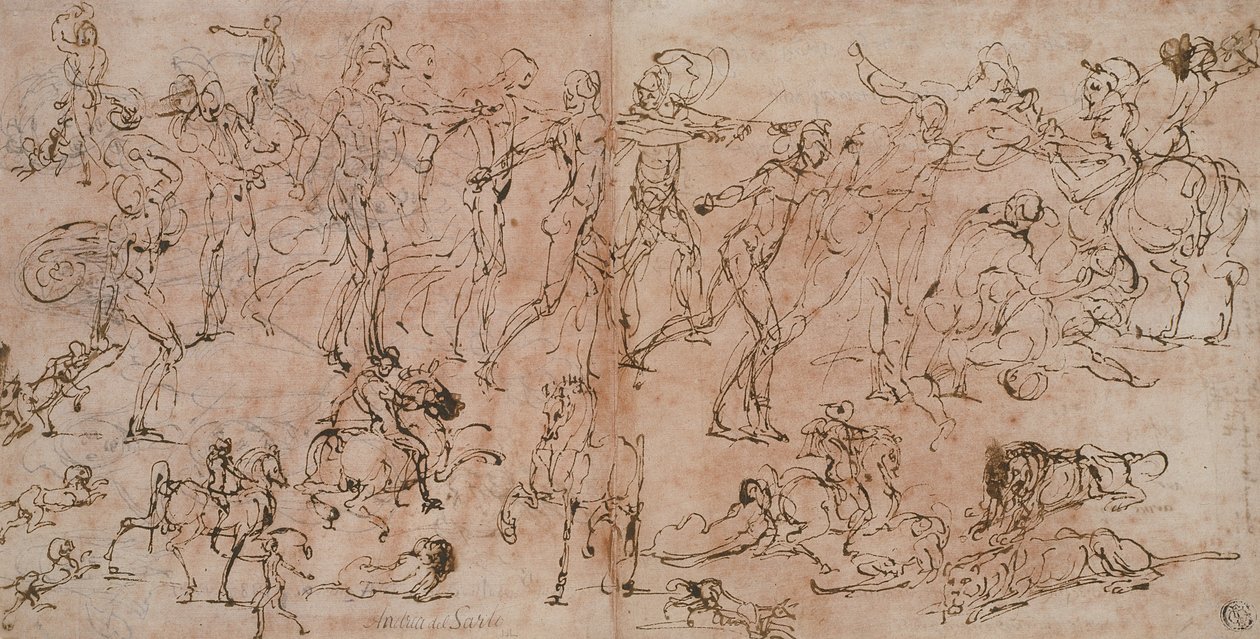 योद्धाओं, घुड़सवारों और शेरों का अध्ययन, 1528-33 द्वारा पेरिनो डेल वैगा