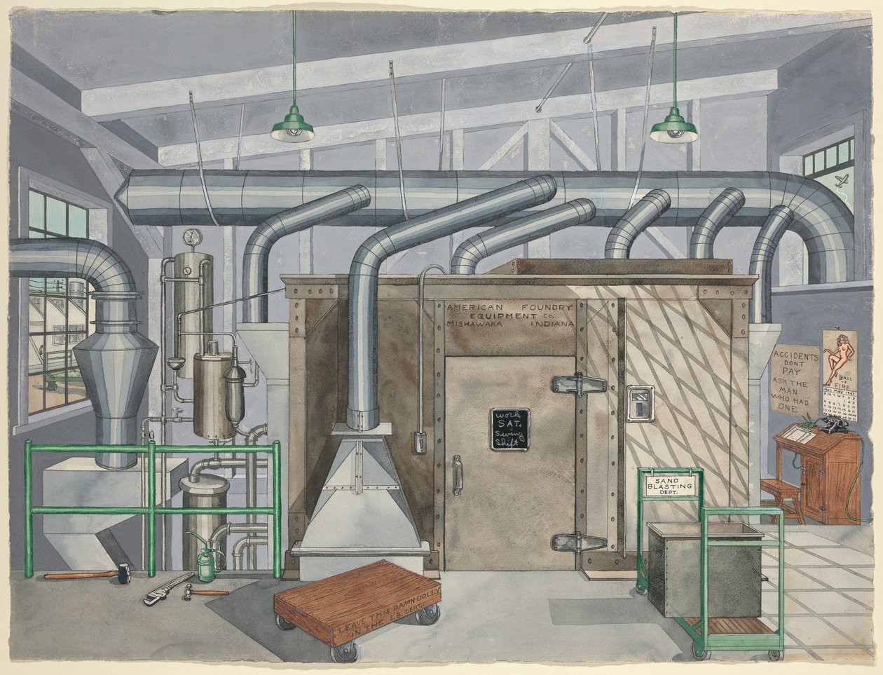बाहरी सैंड ब्लास्टिंग चैंबर, 1935, 19351942। द्वारा पर्किन्स हार्नली