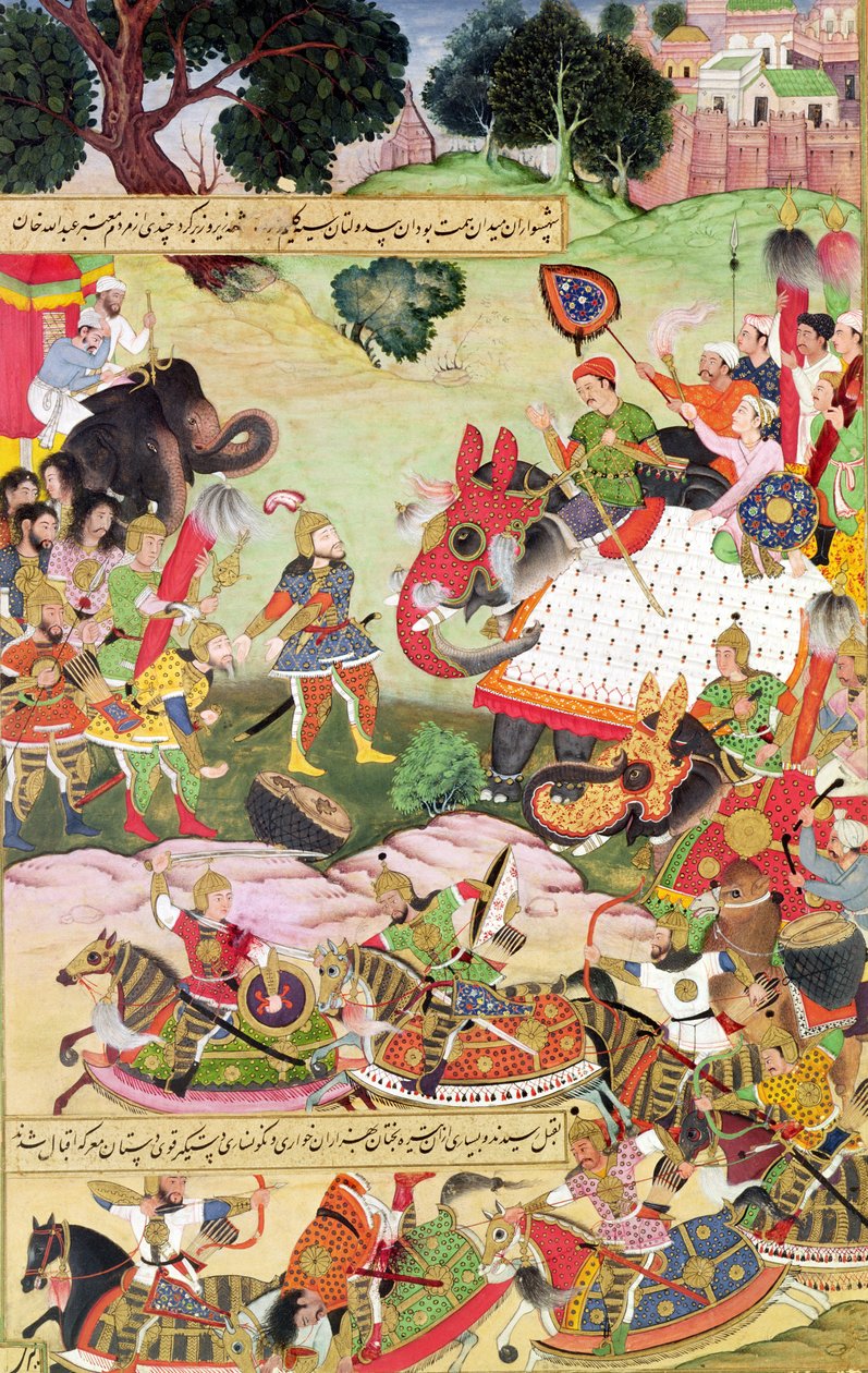 फारस और तूरान की सेनाओं के बीच लड़ाई, अबू-कासिम मनूर फ़िरदावी द्वारा &39;शाहनामा&39; (किंग्स बुक) से चित्रण (c.934-c.1020) 1396 द्वारा फारसी स्कूल