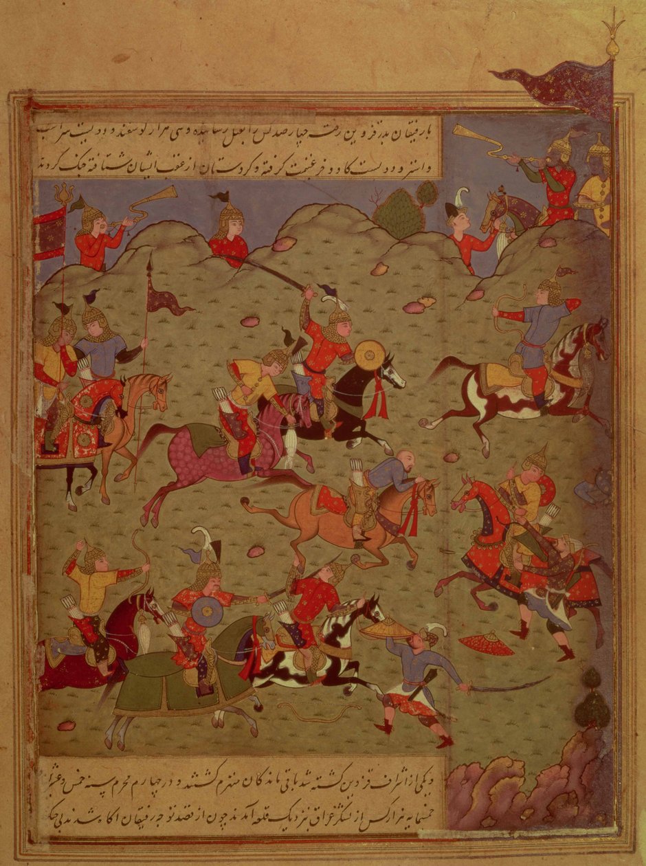 कोडरिंगटन एमएस (नंबर २ ९ ४ ए)। निजामी द्वारा इस्कंदर-नामा से एक युद्ध दृश्य, c.1525 (wc, स्याही और कागज पर सोना) द्वारा फारसी स्कूल