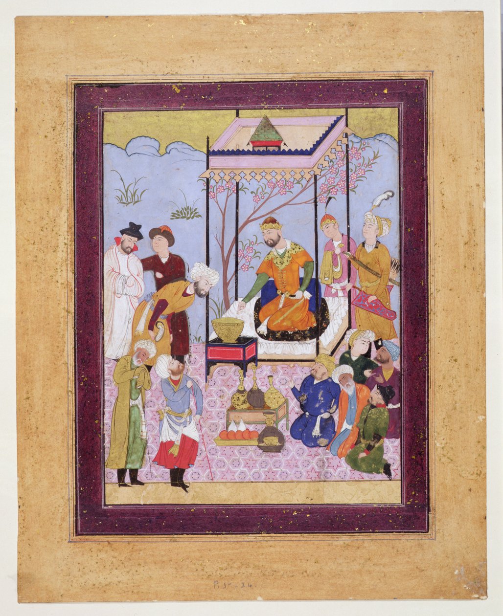 अनुयायियों और परिचारिकाओं के बीच मंडप में निज़ामी का खमसा, c.1590 (wc, bodycolour और कार्ड पर गिल्ट) द्वारा फारसी स्कूल