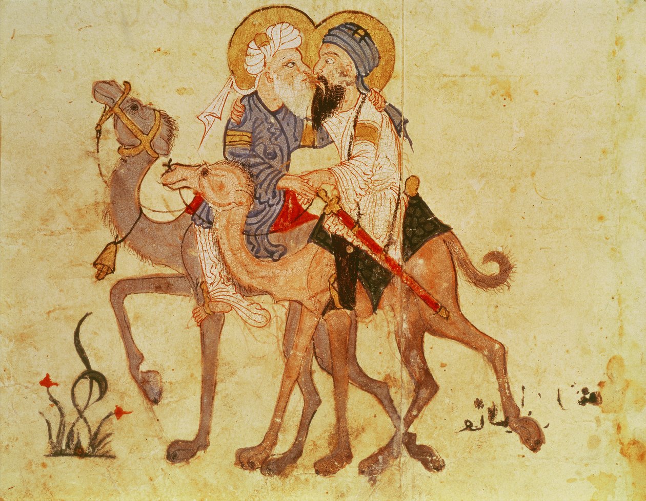 Ms Ar 3929 f.122, मक्का लौटने से पहले अबू-ज़ैद और अल-हरिथ की विदाई, अल-हरीरी द्वारा &39;अल मकामत&39; (द मीटिंग) से, c.1240 (वेल्लम में गौचे) द्वारा फारसी स्कूल