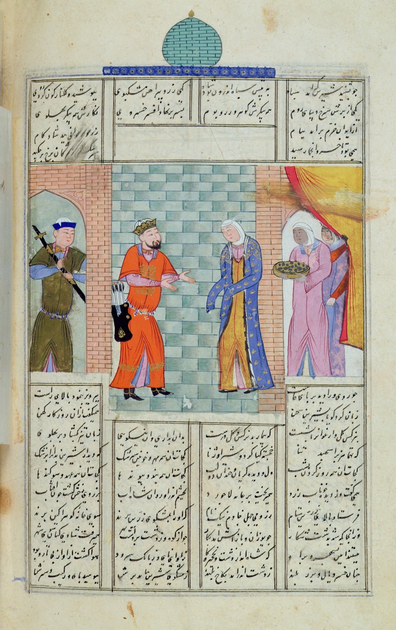 सुश्री सी -822 अबू-कासिम मनूर फ़िरदावी (c.934-c.1020) द्वारा &39;शाहनामा&39; (किंग्स बुक) से महल में खोस्रो और चिरिन की मुलाकात द्वारा फारसी स्कूल