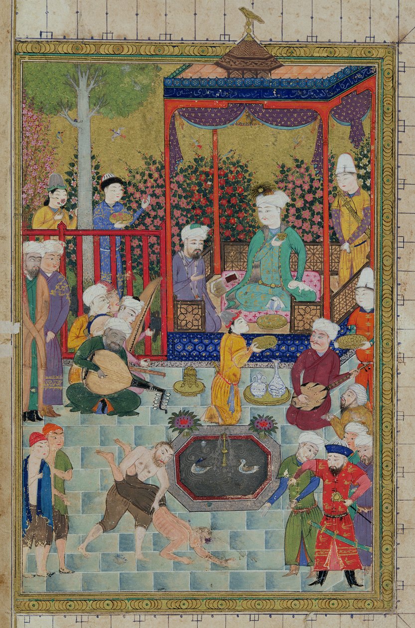 Ms C-822 fol.1v एक राजसी रिसेप्शन, &39;शाहनामा&39; (किंग्स की किताब), अबू-कासिम मंसूर फ़िरदावी द्वारा चित्रण (c.934-c.1020), 1460-70 द्वारा फारसी स्कूल