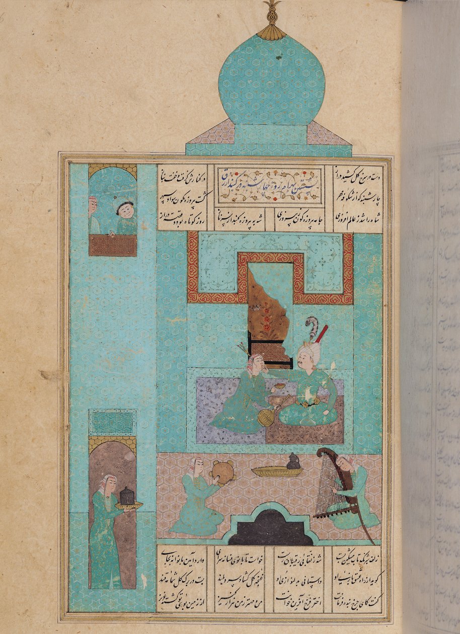 सुश्री D-212-3.216a बहराम फ़िरोज़ा मंडप में एक राजकुमारी से मुलाकात करती है, एलियास नेज़ामी (1140-1209) c.1550 द्वारा &39;द सेवन प्रिंसेस&39;, 1199 का चित्रण द्वारा फारसी स्कूल