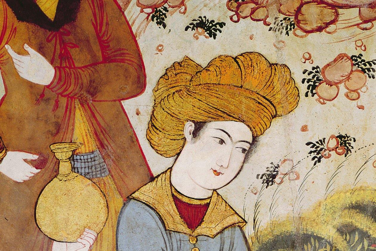 शाह अब्बास I (1588-1629) और एक दरबारी फल और पेय की पेशकश करते हैं (विस्तार 155563 दरबारी के सिर को दर्शाते हुए) द्वारा फारसी स्कूल