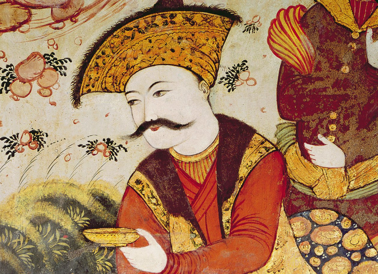 शाह अब्बास I (1588-1629) और एक दरबारी फल और पेय की पेशकश (विस्तार 155563 शाह का सिर दिखाते हुए) द्वारा फारसी स्कूल