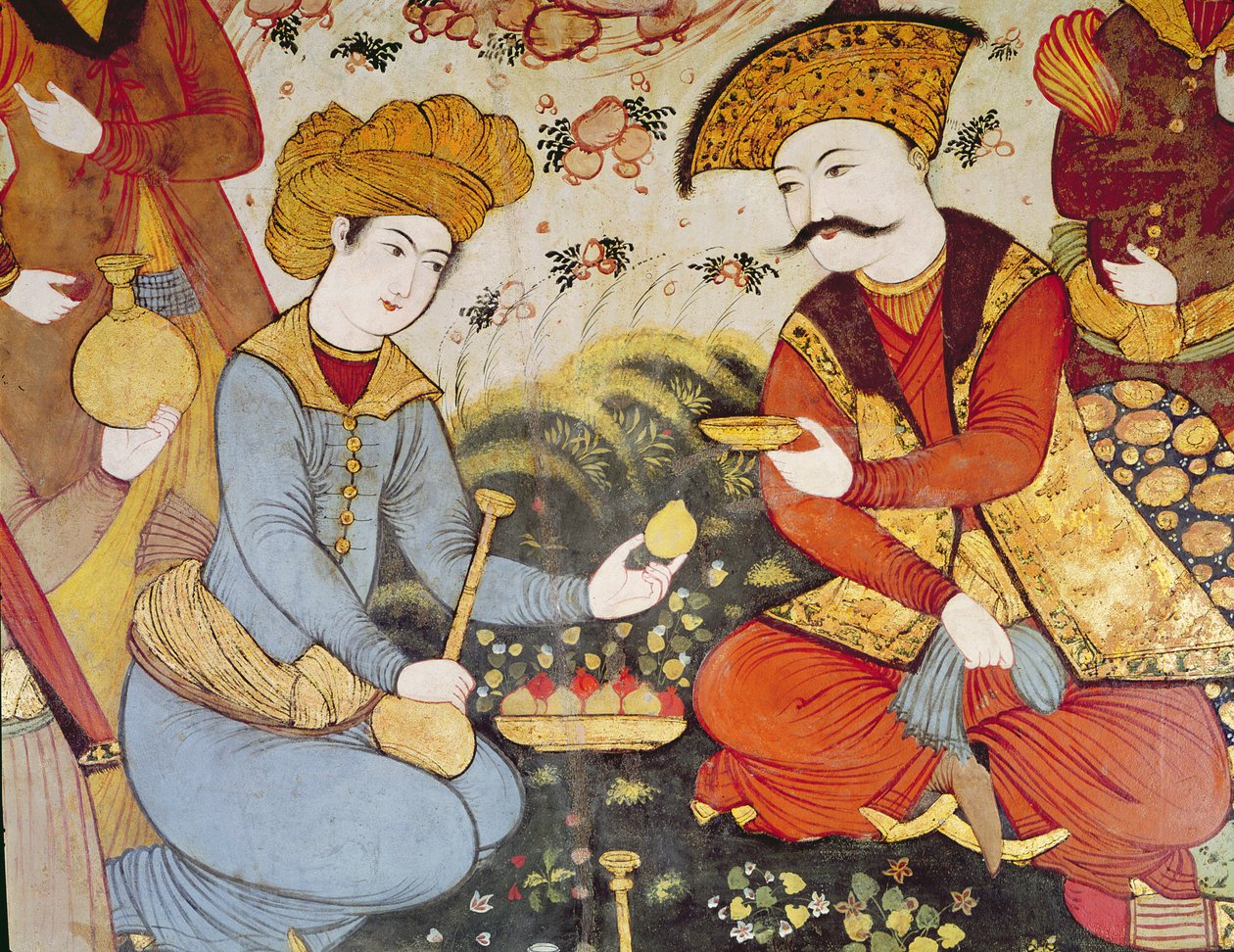 शाह अब्बास I (1588-1629) और एक दरबारी फल और पेय की पेशकश (विस्तार) द्वारा फारसी स्कूल