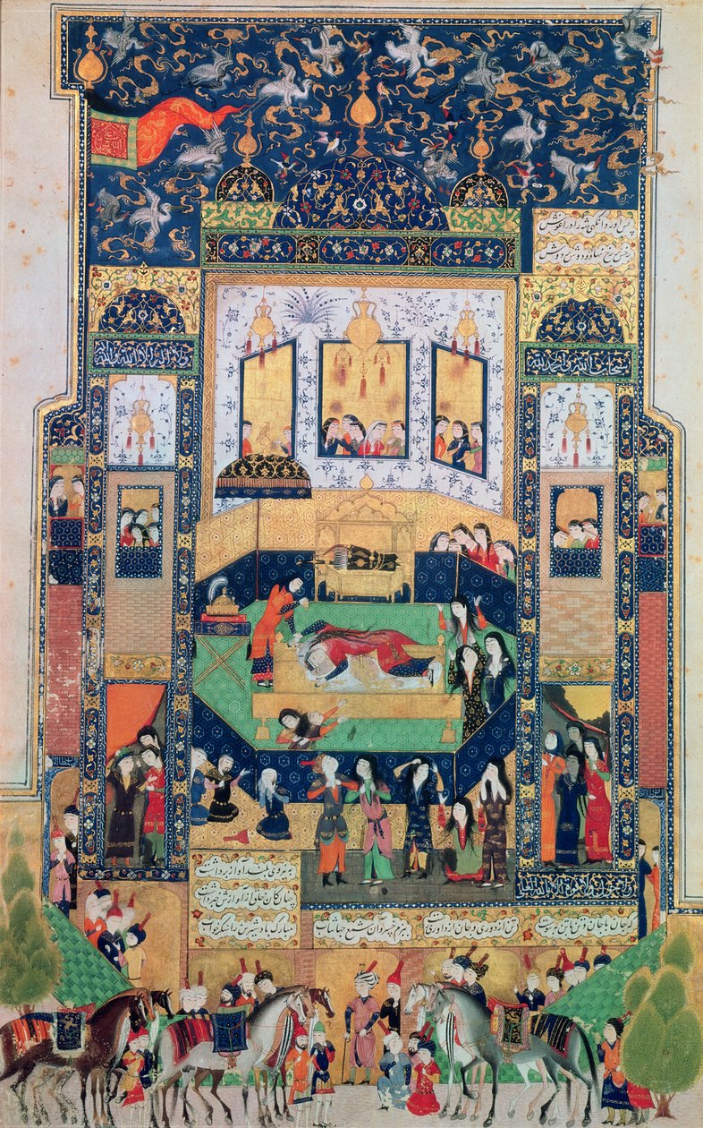 शिरीन की मृत्यु, एलियास नेज़ामी (1140-1209), 1504 द्वारा &39;खोस्रो और शिरिन&39; का चित्रण, 1504 (कागज़ पर सोने का पत्तर) द्वारा फारसी स्कूल