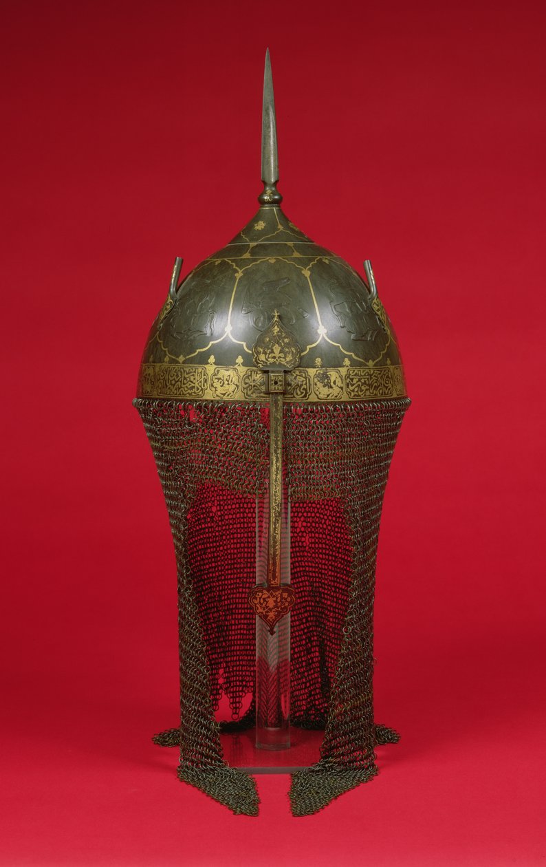 हेलमेट के साथ चेन-मेल गार्ड, Safavid अवधि (गिल्ट, स्टील और पीतल) द्वारा फारसी स्कूल