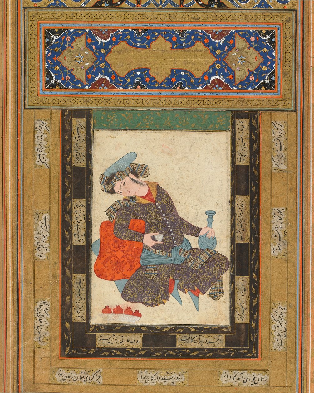 ए रिक्लाइनिंग यूथ, ईरान, सेफविद अवधि, c.1600-10 (अपारदर्शी जल रंग, कागज पर स्याही और सोना) द्वारा फारसी स्कूल